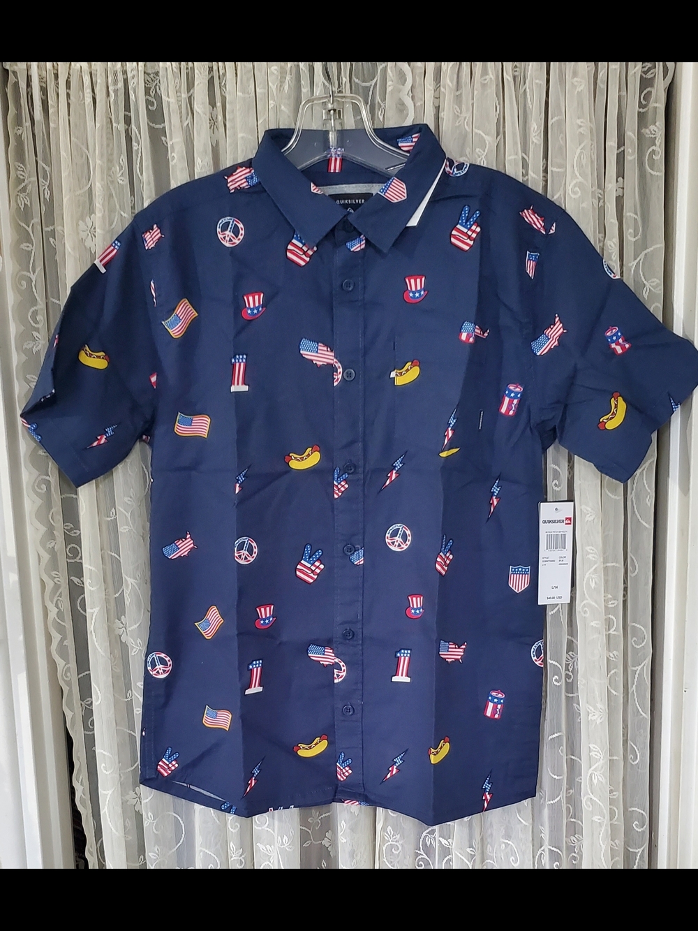 Quiksilver Navy Short Sleeve Button-Up with Patriotic Print